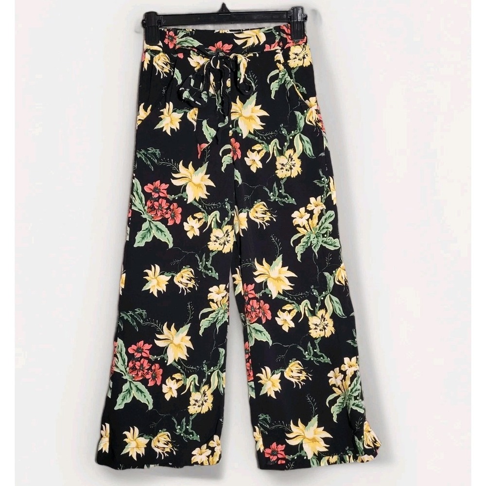 Aritzia Wilfred Faun Pants High Rise Tie Waist Pockets Wide Leg Black Floral XXS